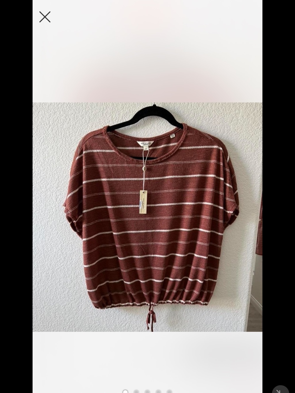 Max Studio Rust Striped Short Sleeve Drawstring Top
